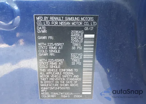 2017 Nissan Rogue Sv z USA, uszkodzony, nr VIN KNMAT2MT2HP569785